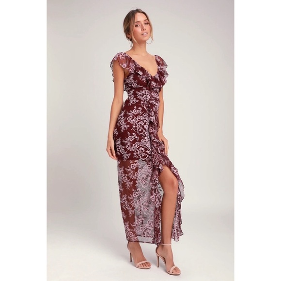 Wayf Small Dress Lace Maxi Ruffle Burgundy Floral S - Picture 1 of 11